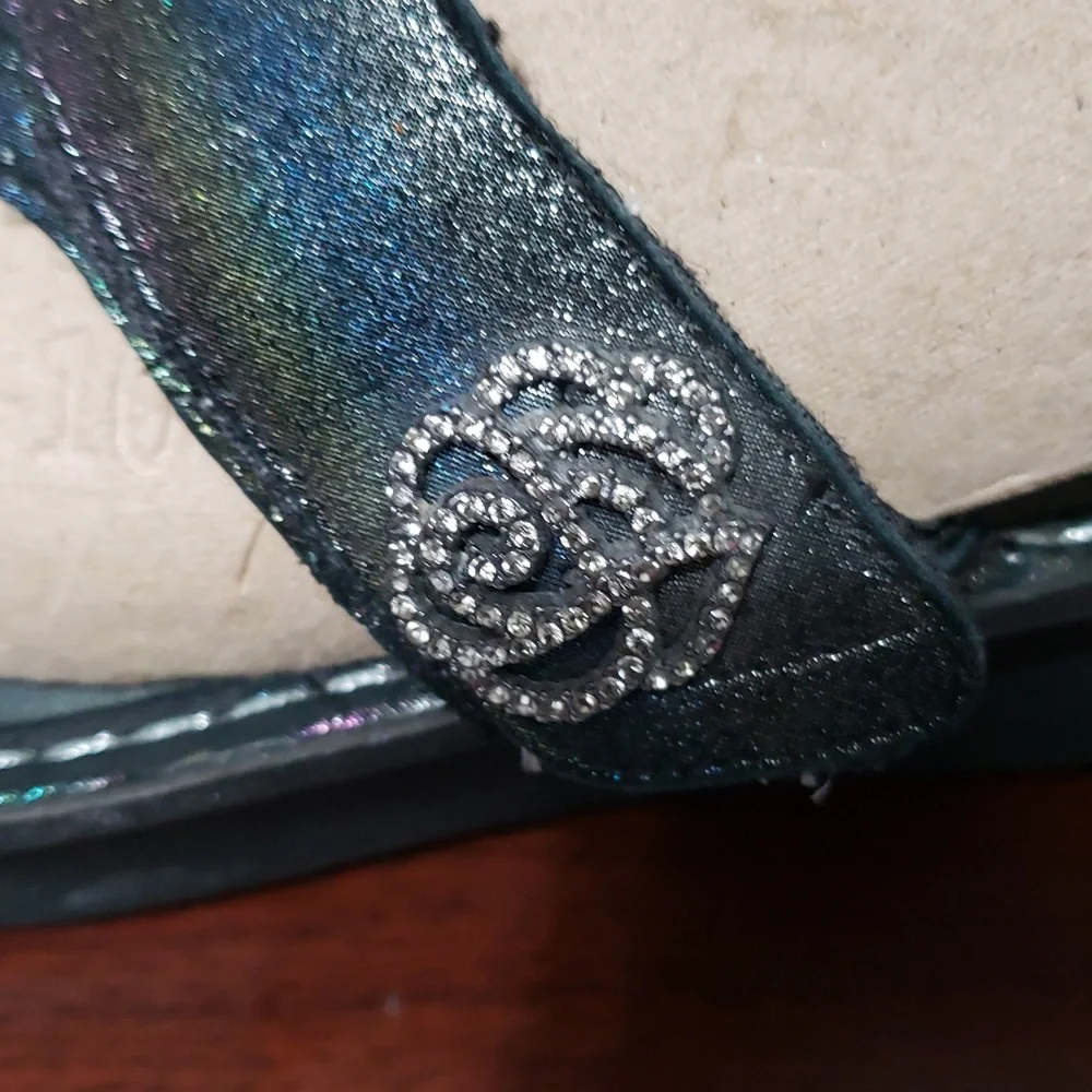 ALEGRIA CARINA Iridescent Rhinestone Wedge Black‎ Thong Sandals